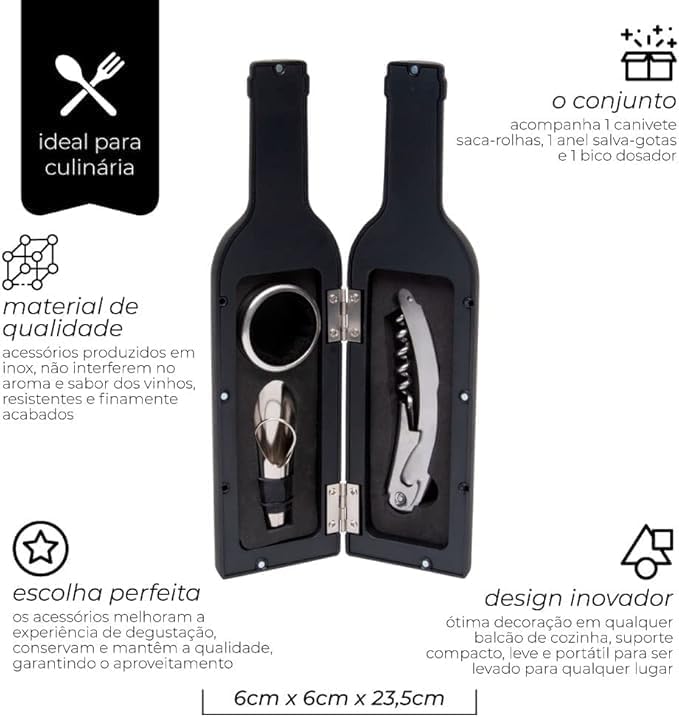 KIT Para Vinho 3 Peças Sommelier em Estojo Estilo Garrafa