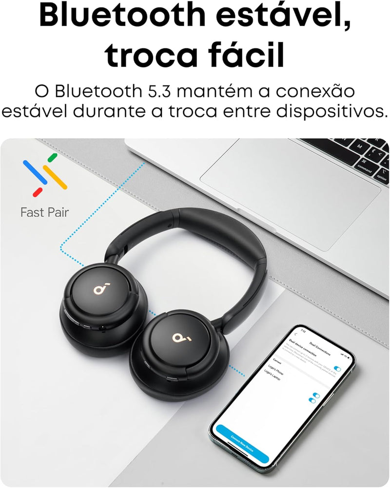soundcore Q30 da Anker Fone De Ouvido Bluetooth 5.3, Over-Ear, Som de Alta Resolução, EQ Personalizável via App, 50H de Reprodução, Ajuste Confortável, Conexão Multiponto, Preto