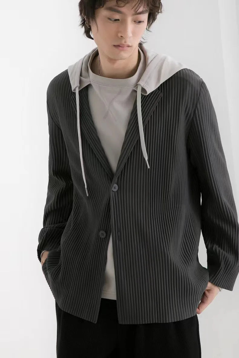 Miyake Pleated Blazer Black Suits For Men High Quality Casual Japanese Style Blazers Stretch Fabric Slim Fit Coat