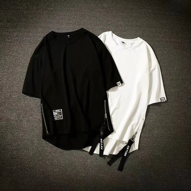 Men Black Techwear 100% Cotton Zip Up Short Sleeve Tshirt Summer Mens Hip Hop Oversize Style Cargo T Shirt Tees Camisetas Hombre