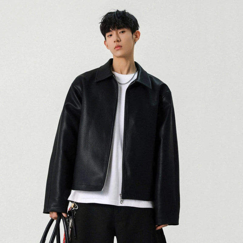 FEWQ High Street Men's PU Leather Jackets Solid Color Turn-down Collar Zipper Loose Male Short Coats New Clothing Trendy 24K3926