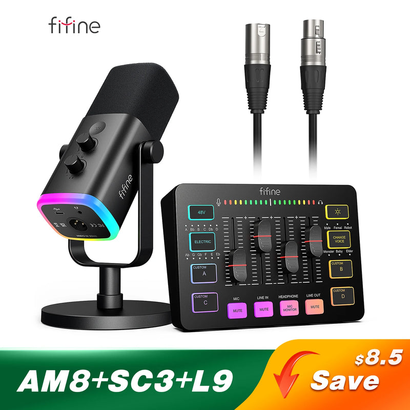 FIFINE Gaming Audio Set Microphone/Mixer/Headset for Streaming Podcasting,Podcast Set for Youtube/OBS/Tiktok/X/VK - AM8/H9/SC3