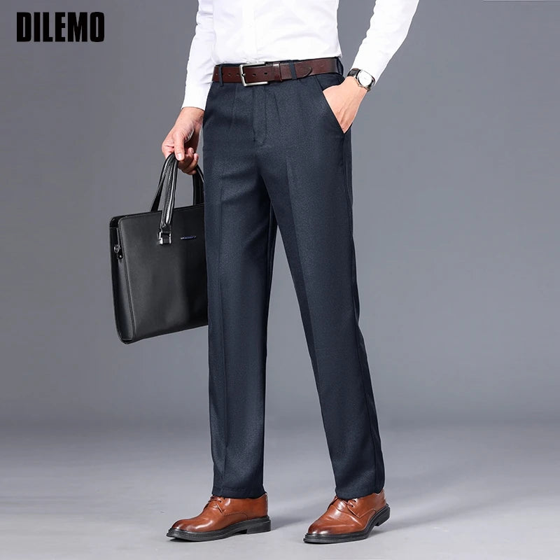 Top Quality 100% Cotton New Brand Casual Fashion Business Straight Long Dress Pants High Waist Trousers Men's Clothing