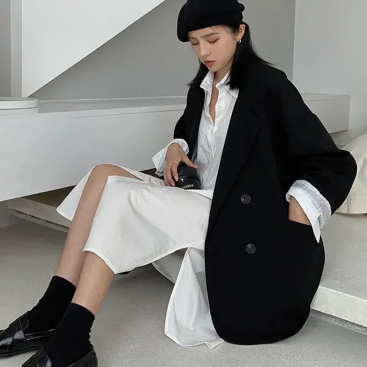 New 2025 Vintage Loose Women Solid Blazer Autumn Chic Double Breasted Female Long Sleeve Suit Jackets Stylish Ladies Blazer