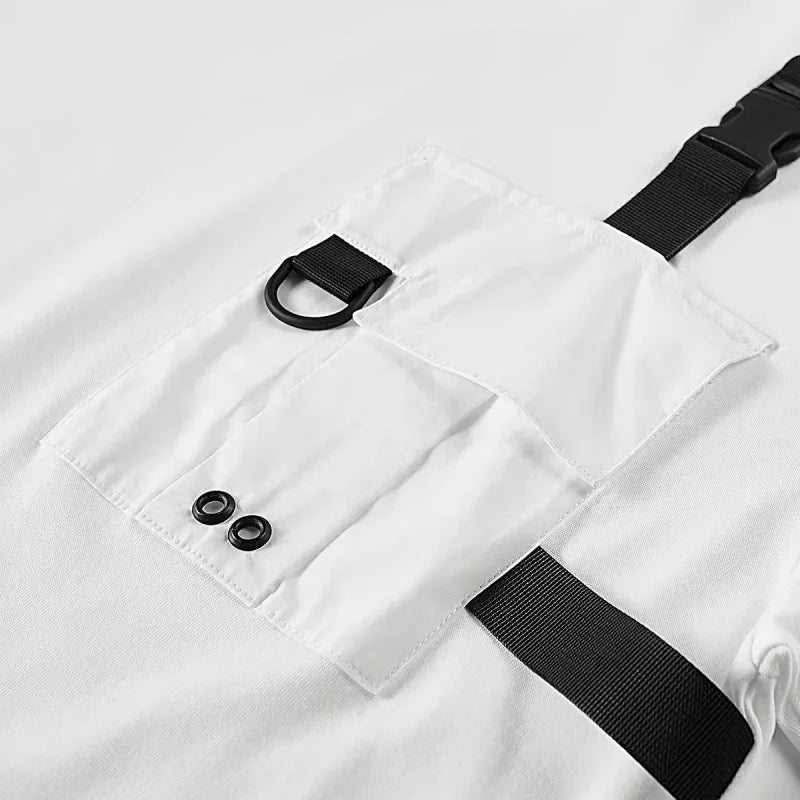 Tactical Function Style Pocket Streamer Patchwork Design Summer T Shirt Mens Clothing Y2K High Street Short Sleeve Techwear Tops