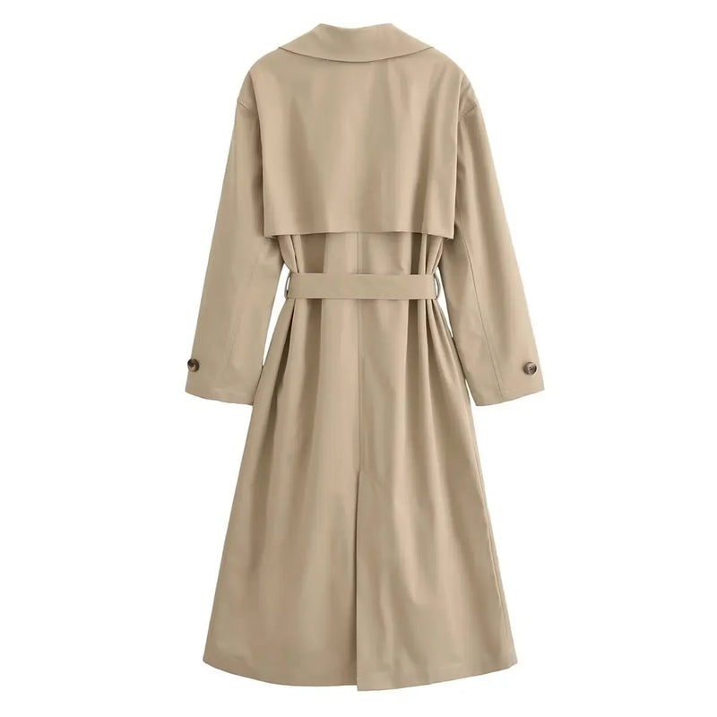 Women Fashion With Belt Solid Double Breasted Trench Vintage Lapel Neck Long Sleeves Female Chic Lady Outfits