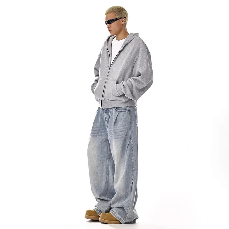 New Korean Retro Men'S Jeans High Street Straight Leg Pants Loose Casual Jeans Fashion Wide Leg Pants