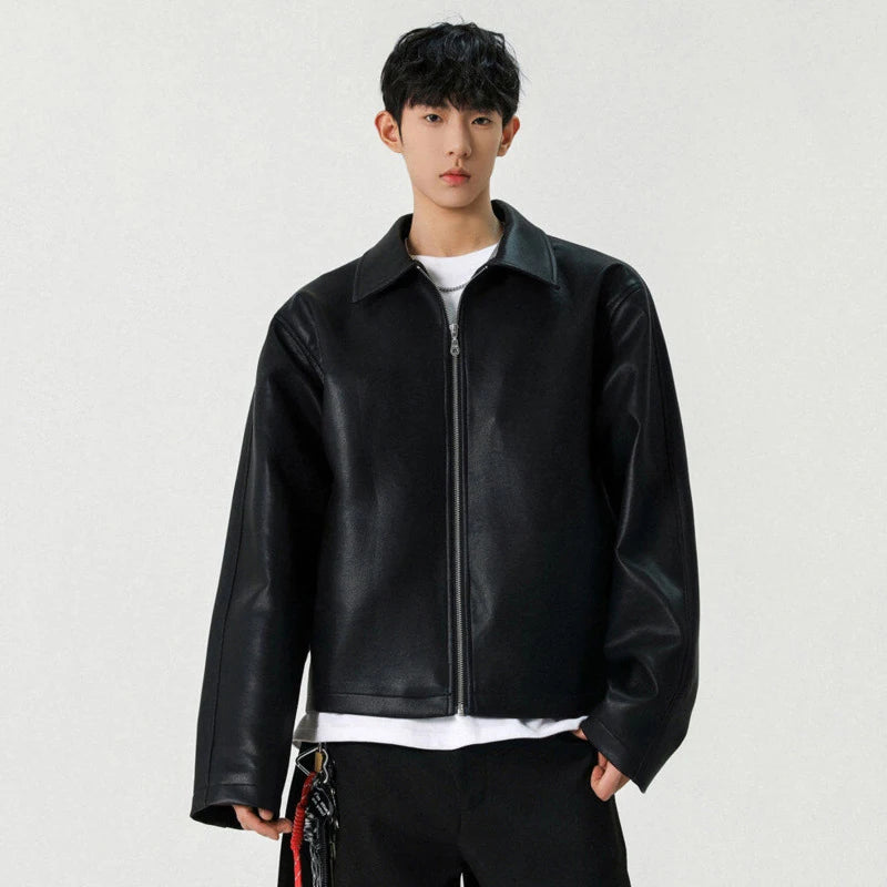 FEWQ High Street Men's PU Leather Jackets Solid Color Turn-down Collar Zipper Loose Male Short Coats New Clothing Trendy 24K3926