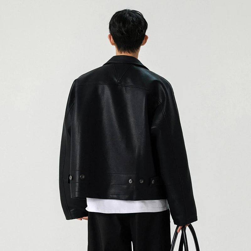 FEWQ High Street Men's PU Leather Jackets Solid Color Turn-down Collar Zipper Loose Male Short Coats New Clothing Trendy 24K3926