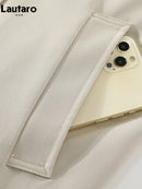 Lautaro Spring Autumn Flowy Casual Trench Coat for Women Belt Double Breasted Loose Luxury Designer Fake 2 Pieces Clothes 2024