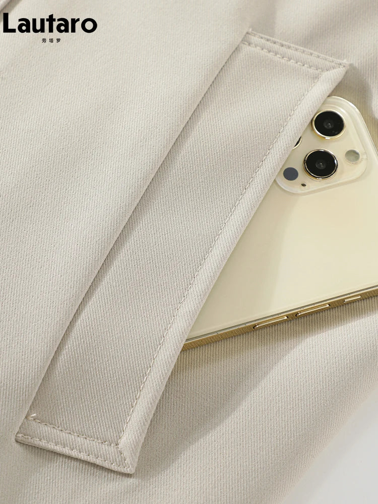 Lautaro Spring Autumn Flowy Casual Trench Coat for Women Belt Double Breasted Loose Luxury Designer Fake 2 Pieces Clothes 2024