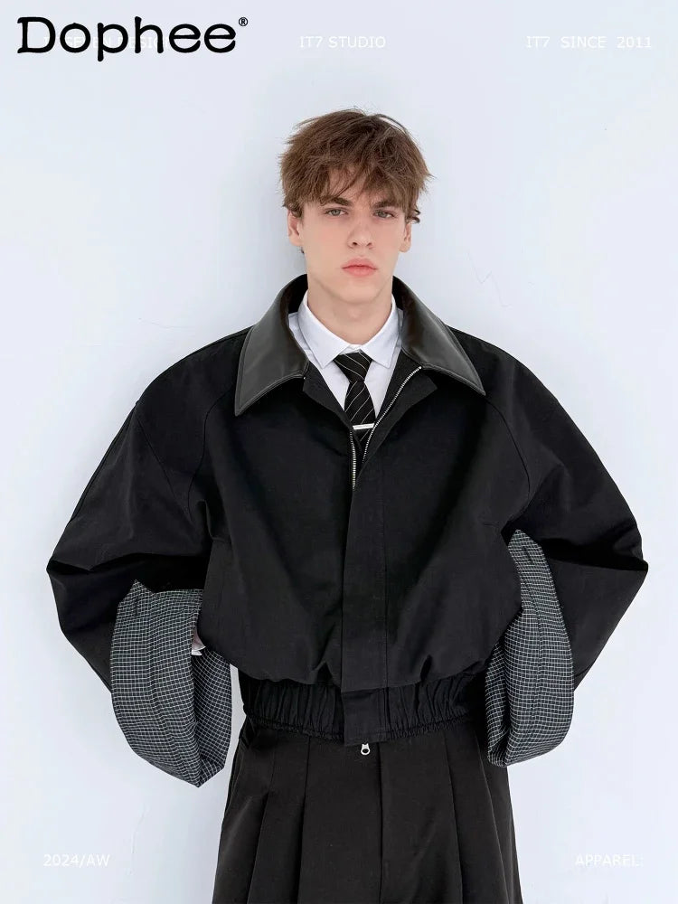 Men's 2024 Autumn and Winter New Large Cuffs Collar Splicing Design Coat Personality Solid Color Jackets Trendy Male Chic Coats