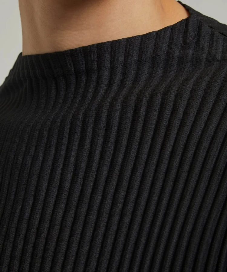 Miyake Pleated Man Long Sleeve T-Shirt Fashion Classic Black Turtleneck Top