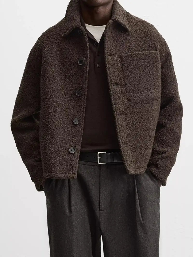 Autumn Winter Men's Jaet ort Collar Long Sve Pearl Wool Texture Men's Outerwear Youth Stand Fit Regular Thin