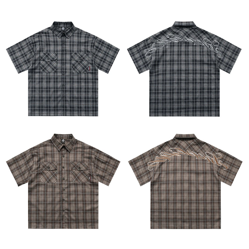 West Coast Chicano Floral Loose Workwear irt Heavyweight Khaki Five-Quarter Sve Hip Hop Sle Embroidered Youth Faion