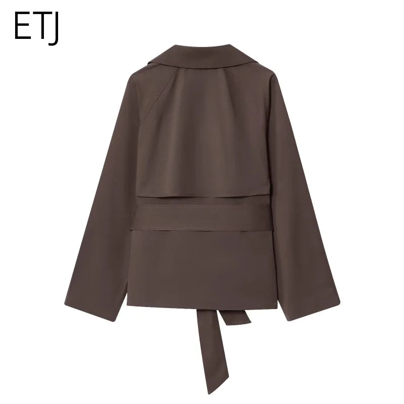ETJ Autumn 2025 new collection  women's British style lapel double-breasted Maillard color belt casual trench coat