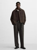 Autumn Winter Men's Jaet ort Collar Long Sve Pearl Wool Texture Men's Outerwear Youth Stand Fit Regular Thin