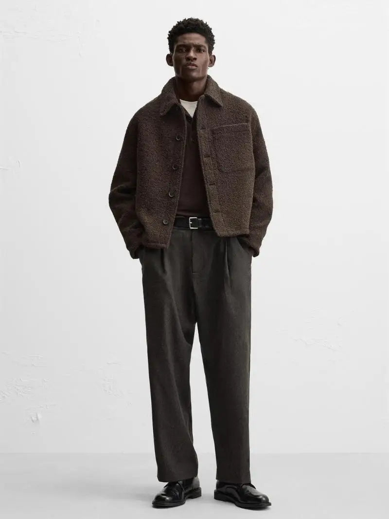 Autumn Winter Men's Jaet ort Collar Long Sve Pearl Wool Texture Men's Outerwear Youth Stand Fit Regular Thin