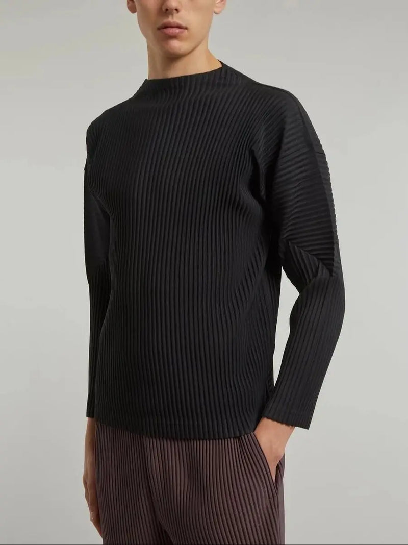 Miyake Pleated Man Long Sleeve T-Shirt Fashion Classic Black Turtleneck Top