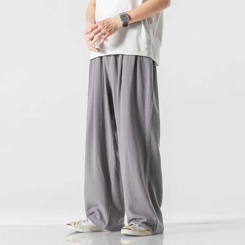 Men's Casual Cotton Linen Harlan Pants Summer Thin Straight Leg Long Trousers Wide Leg Lantern Pants Low Waist Loose Fit