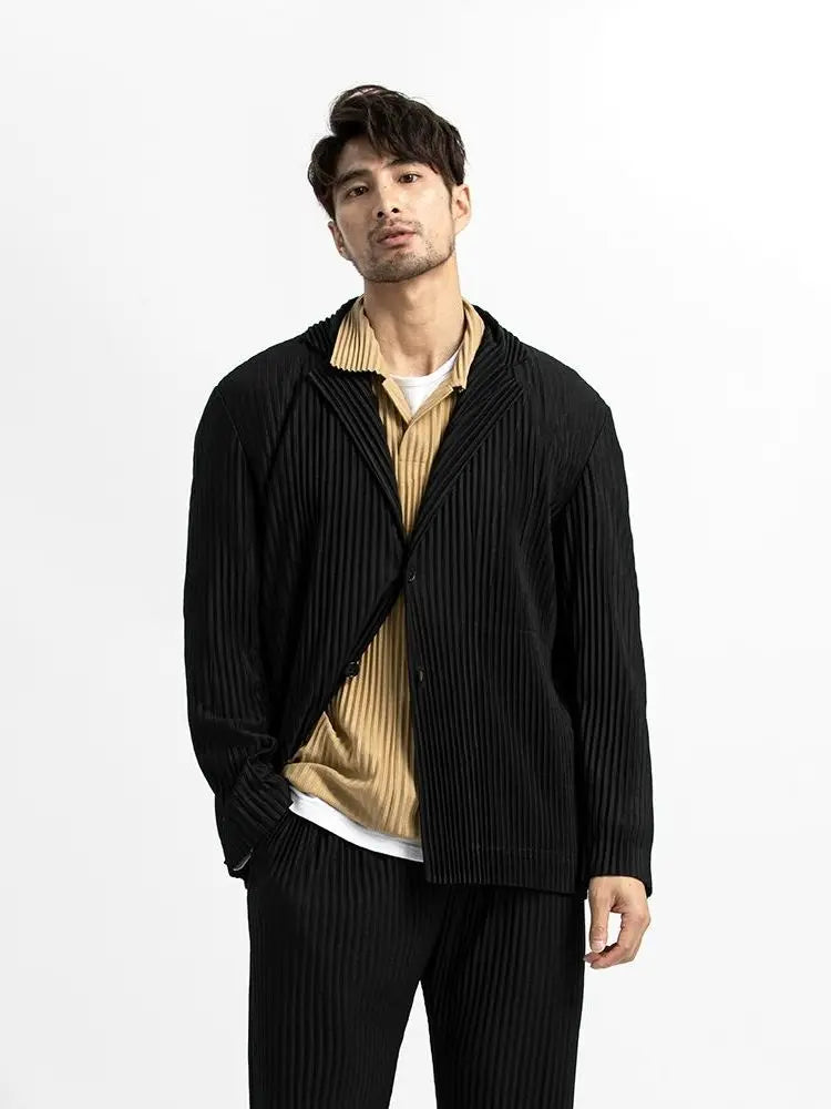 Miyake Pleated Blazer Black Suits For Men High Quality Casual Japanese Style Blazers Stretch Fabric Slim Fit Coat