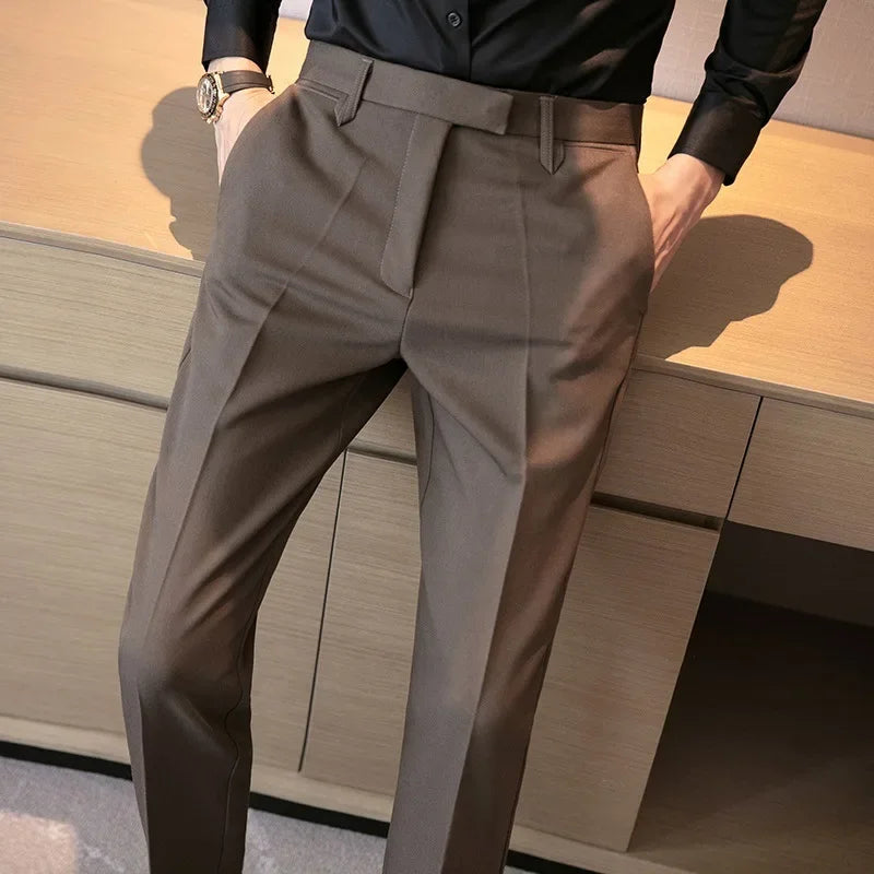 British Gentleman's Coffee Color Suit Pants Small Footed Business Draped Style Men's Trousers Elegant Casual Chic