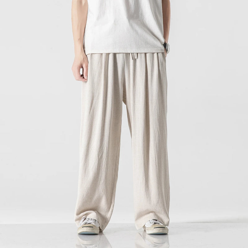 Men's Casual Cotton Linen Harlan Pants Summer Thin Straight Leg Long Trousers Wide Leg Lantern Pants Low Waist Loose Fit