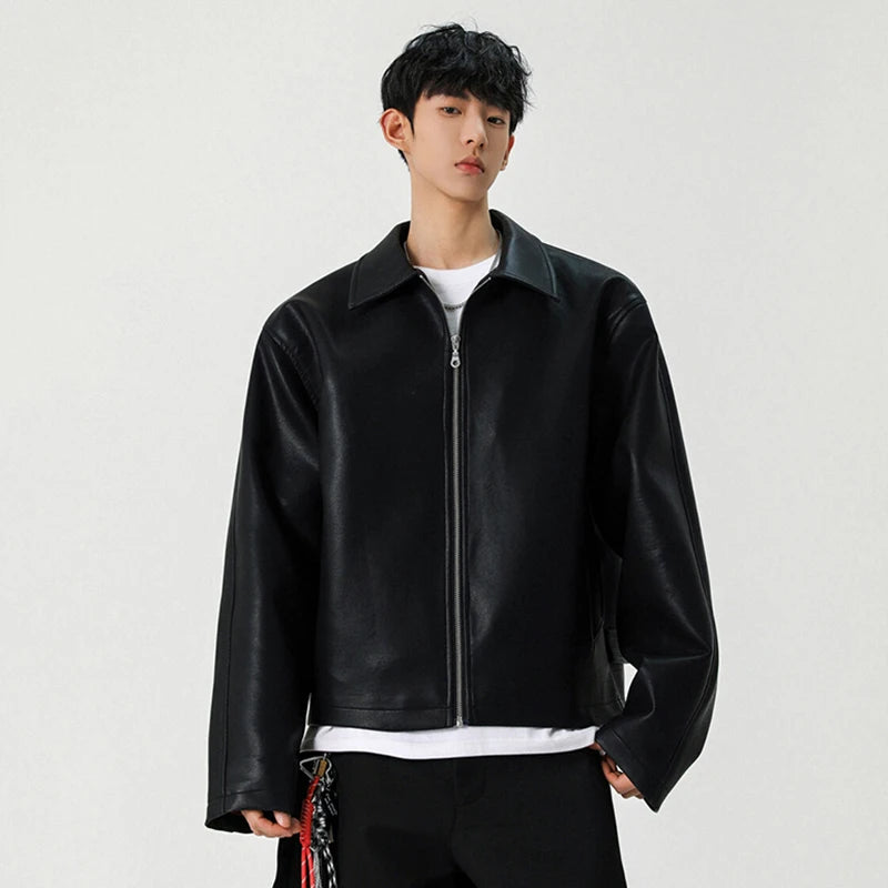 FEWQ High Street Men's PU Leather Jackets Solid Color Turn-down Collar Zipper Loose Male Short Coats New Clothing Trendy 24K3926