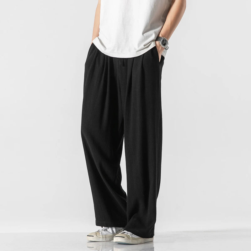 Men's Casual Cotton Linen Harlan Pants Summer Thin Straight Leg Long Trousers Wide Leg Lantern Pants Low Waist Loose Fit