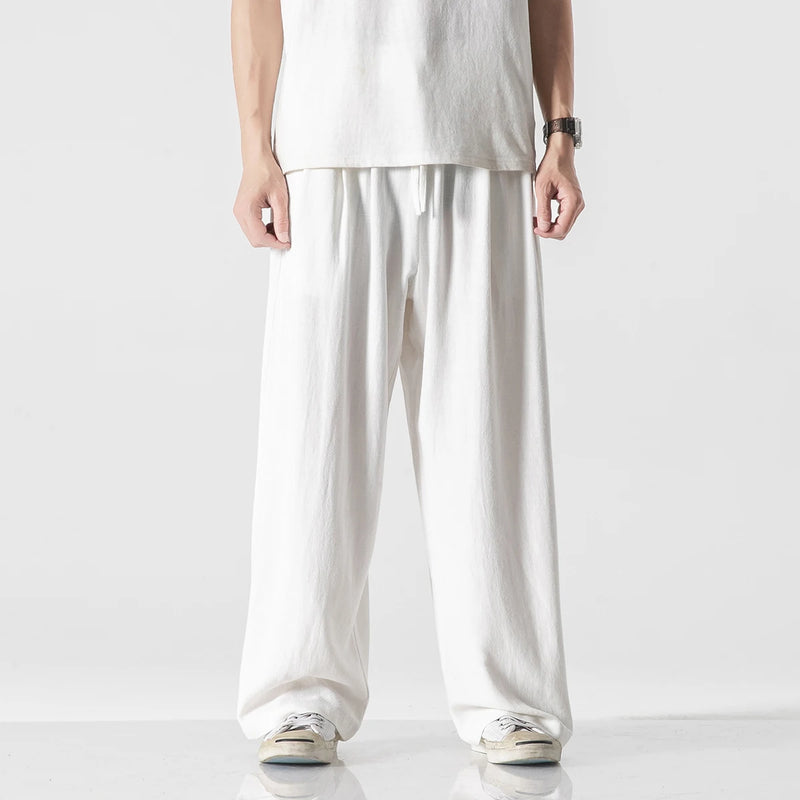Men's Casual Cotton Linen Harlan Pants Summer Thin Straight Leg Long Trousers Wide Leg Lantern Pants Low Waist Loose Fit