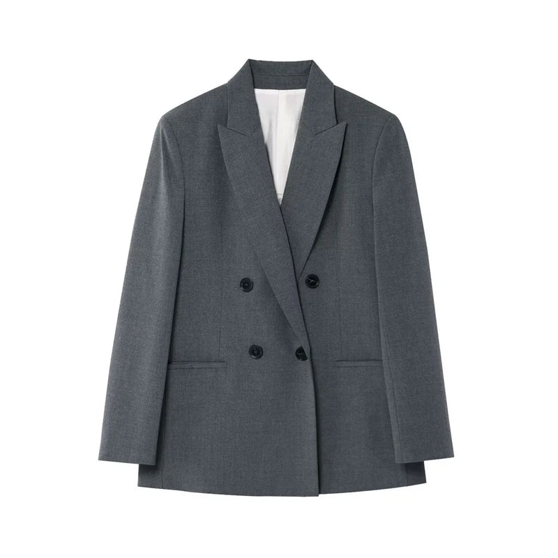 PB&ZA 2025 Women Double Breasted Blazer and Wide Leg Trousers Set in Black and Gray Classic Stylish Office Formal Wear