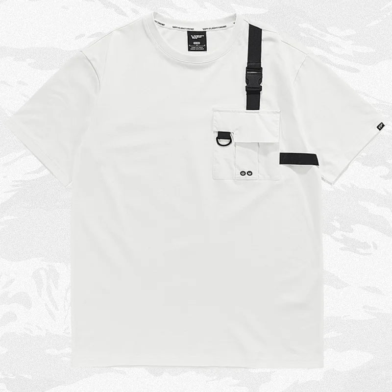 Tactical Function Style Pocket Streamer Patchwork Design Summer T Shirt Mens Clothing Y2K High Street Short Sleeve Techwear Tops