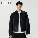 FEWQ High Street Men's PU Leather Jackets Solid Color Turn-down Collar Zipper Loose Male Short Coats New Clothing Trendy 24K3926