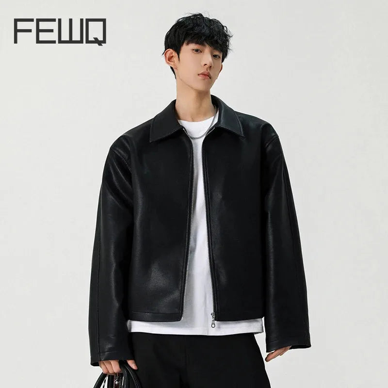 FEWQ High Street Men's PU Leather Jackets Solid Color Turn-down Collar Zipper Loose Male Short Coats New Clothing Trendy 24K3926